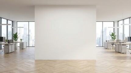 Fototapeta premium Modern corporate office interior with a blank white wall mockup, wooden floor, and glass windows with city view for logo or poster display.