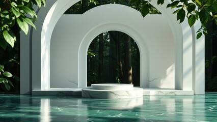 Fototapeta premium Minimalist stage design. White arches frame lush greenery. Reflective floor creates serene atmosphere. Focus on empty pedestal.