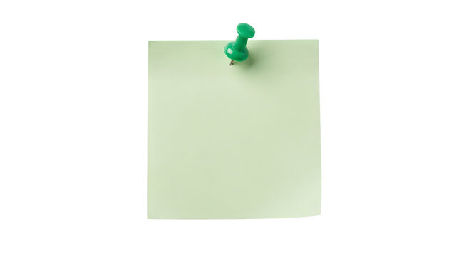 Green sticky note pinned with green push pin