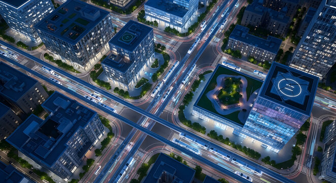 Aerial View of Busy Urban Intersection at Night with Flowing Traffic and Illuminated Buildings in a Modern Cityscape