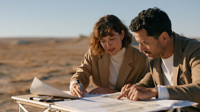 Two business coaches review a client brief at a remote desert crossroads, landscape stripped bare around them, a couple deep in strategic conversation beside a folding table
