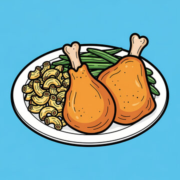 Cartoon illustration of a dinner plate featuring fried chicken drumsticks with macaroni and green beans.