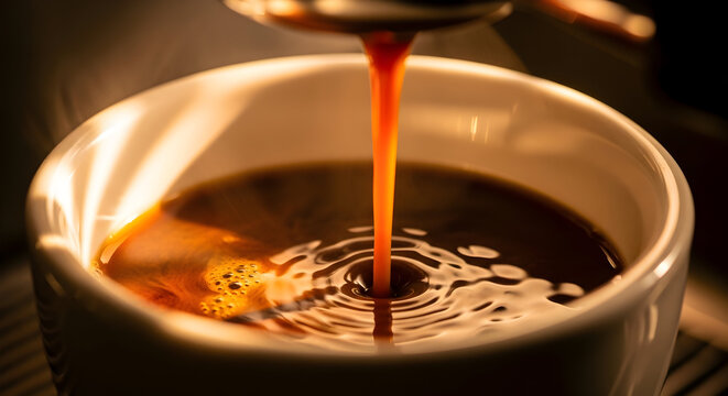 Closeup of Smooth Espresso Being Poured into a Bowl Creating Elegant Waves and Reflections in a Well-Lit Kitchen Setting