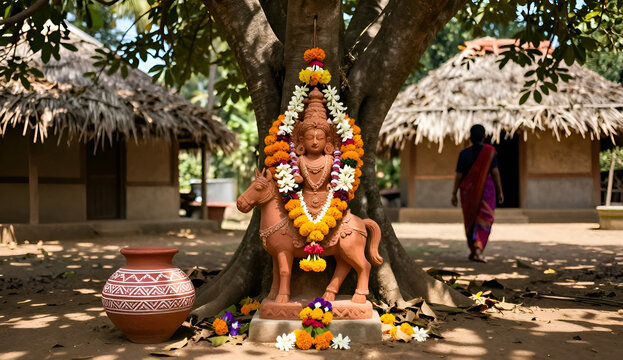 Clay idol of goddess shitala mata under neem tree in traditional indian village