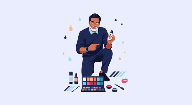 Man Demonstrates Skincare and Makeup Products