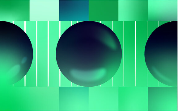 Abstract Green Geometric Background with Dark Glossy Circles and Vertical Stripes