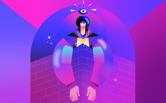 Stylized Person with Third Eye Symbol in Vibrant Mystical Illustration