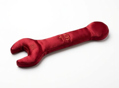 A plush red satin wrench shaped pillow displayed against a plain white background.