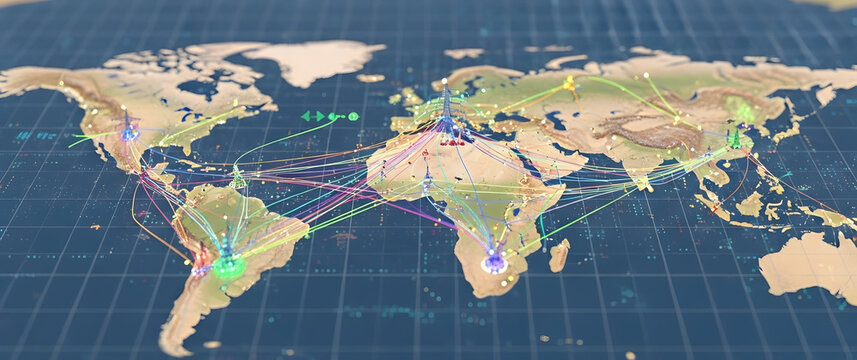 World Map Visualizing Global Connections and Data Flow with Colorful Lines Representing Geographical Links and Digital Networks Across Continents