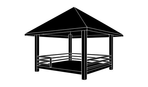 Modern Black and White Gazebo Vector Icon with Pointed Roof and Railings Minimal Outdoor Pavilion Illustration Isolated on Solid White Background