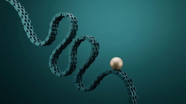 A gold sphere rests on flowing teal chain links, creating an artistic abstract composition.