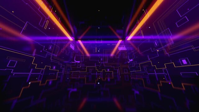 Seamless VJ loop with volumetric light beams and glowing geometric wall grids. Dynamic illuminated stage backdrop for dancefloors, award ceremonies, music concerts, nightlife, and grand shows.
