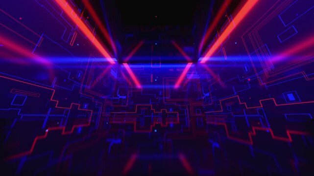 Seamless VJ loop with volumetric light beams and glowing geometric wall grids. Dynamic illuminated stage backdrop for dancefloors, award ceremonies, music concerts, nightlife, and grand shows.