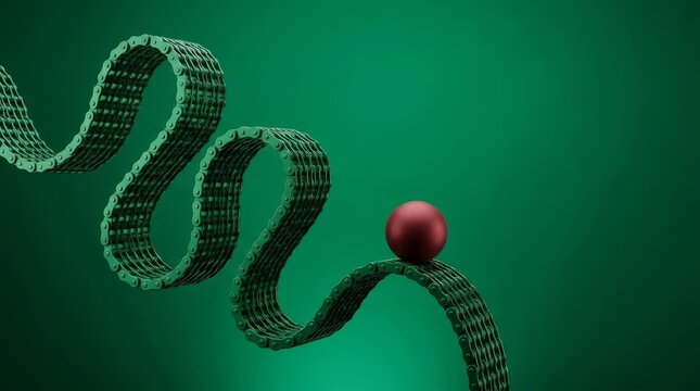 Abstract image of a sinuous green chain with a red ball on a vivid green background, evoking motion and balance.