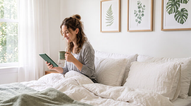  Young woman reading e-book on tablet reader in bed. Female relaxing with hot drink while reading an electronic book in cozy room. Mental health recovery, Personal growth. Hobby, Leisure time alone