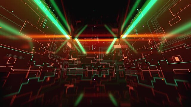 Seamless VJ loop with volumetric light beams and glowing geometric wall grids. Dynamic illuminated stage backdrop for dancefloors, award ceremonies, music concerts, nightlife, and grand shows.