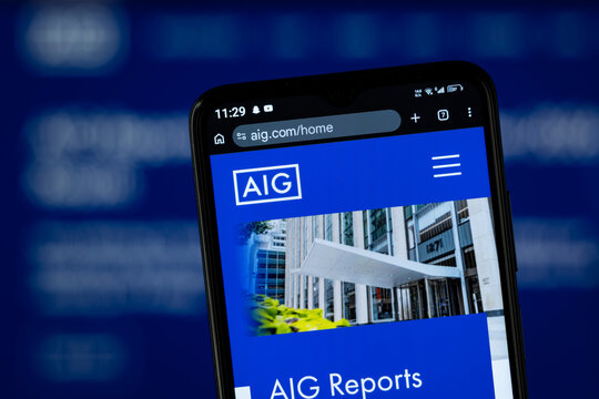 New York, United States - 02 August 2026: Close-up of AIG homepage on a smartphone.