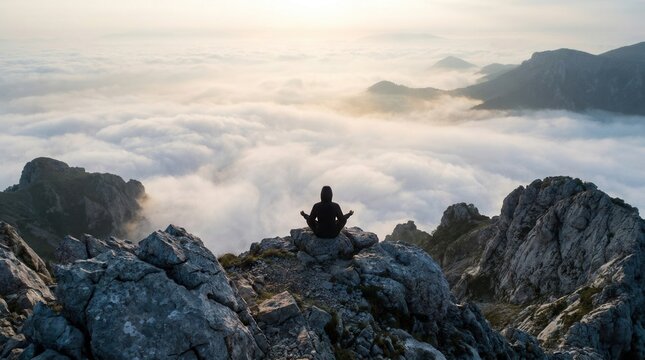 Finding stillness in the midst while sitting in a yoga pose at the edge of a mountain peak surrounded by clouds and a foggy horizon.