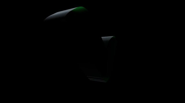 Abstract 3D green ribbon motion on black background, elegant flowing curves with cinematic lighting, minimalist digital art animation