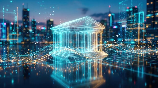 Futuristic smart city concept featuring a digital data stream with a glowing holographic projection of a bank building