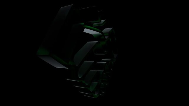 Futuristic dark green geometric block rotation, abstract 3d metallic structure movement, cinematic tech background for sci-fi motion graphics