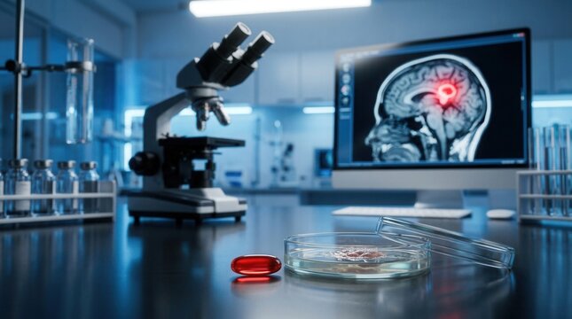 A glowing brain scan on a monitor, a microscope, and cultured brain tumor cells in a petri dish with a nicotinamide capsule in a focused oncology lab scene.