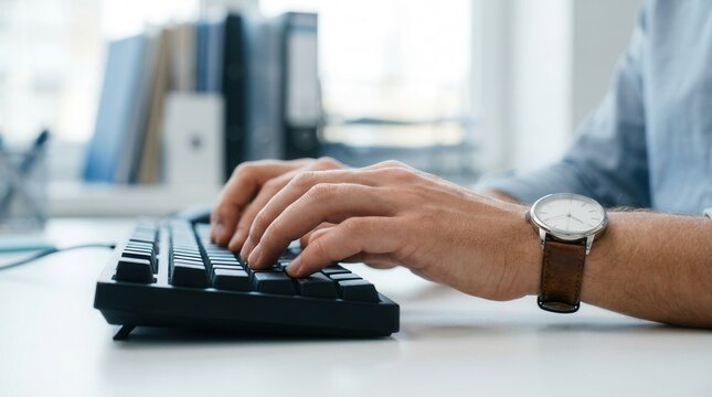 Volunteer entering data on a desktop computer, featuring a close-up of hands typing to highlight secure recordkeeping.