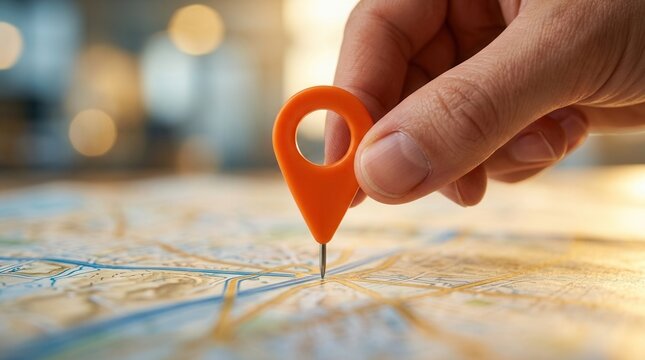 Site selection and regional fitness brand growth illustrated by a franchise team member placing a vibrant location pin on a blurred street map of an adjacent town.