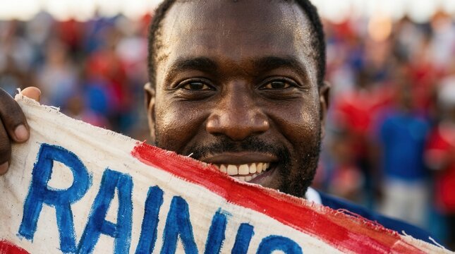 Passionate support from a Haiti soccer fan in a closeup shot, holding a vibrant homemade national flag banner featuring the teams nickname.