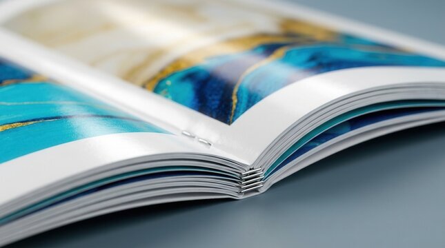 Close-up of an opened glossy booklet with saddle stitched binding and vibrant printed pages against a blurred background.