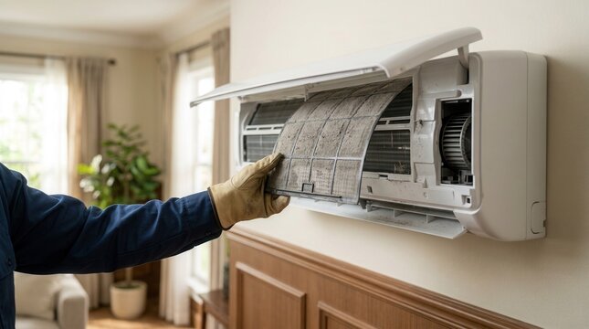 Seasonal preventive maintenance in a home setting featuring a closeup of a technician's hand changing a minisplit air conditioner indoor unit filter.