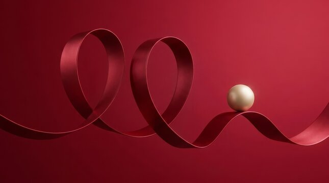Intricate red ribbon loops gracefully adorned with a single pearl on a deep red background.