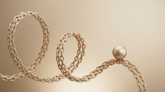 Gold chains loop gracefully with a sphere atop, set against a beige backdrop creating an elegant visual.