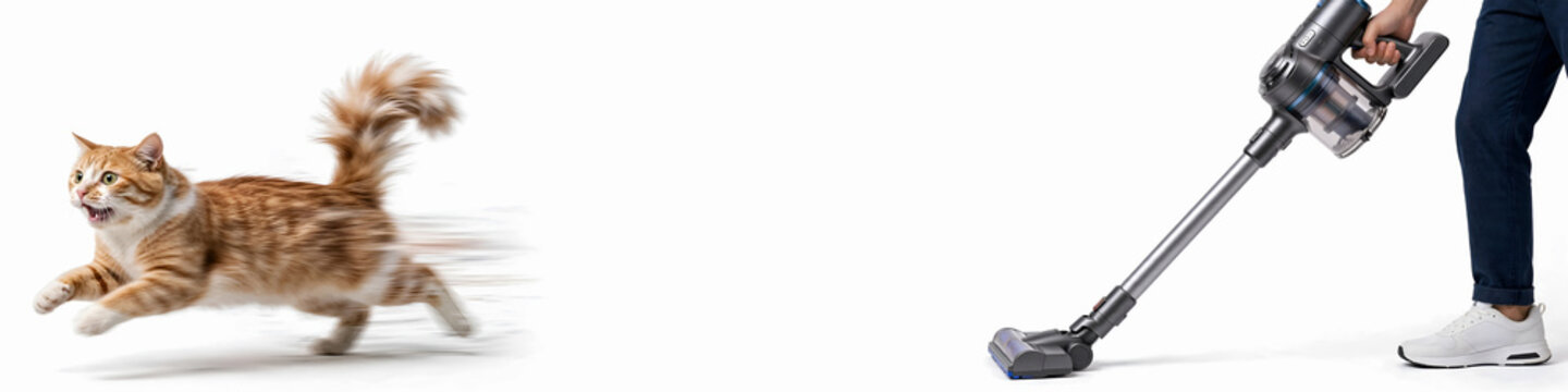 Horizontal page header with running cat frightened by noisy, loud cordless vacuum cleaner on white background, fast moving pet with motion blur, dynamic scared pet and household cleaning action scene 