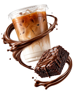 Cup of iced take away coffee and chocolate brownie cake suspended in air, with chocolate syrup spiral, png, isolated on transparent background.