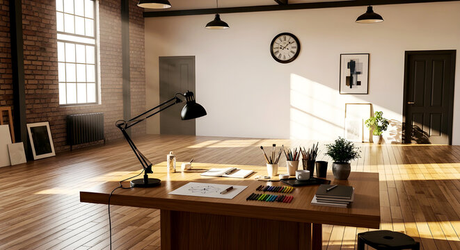Minimal Artist Studio with Wooden Table and Natural Light