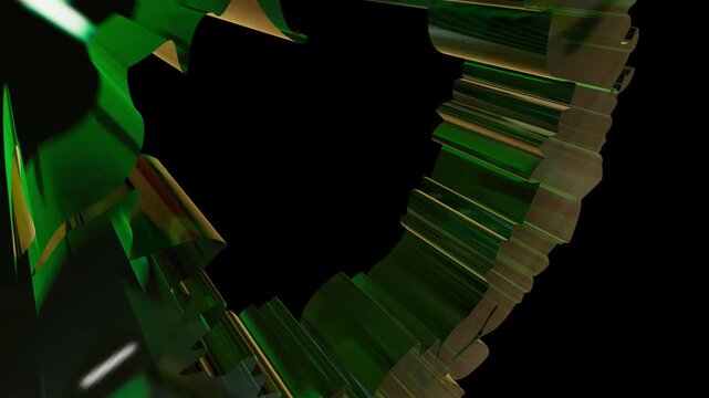 Abstract green geometric ring with metallic gold accents, rotating 3D mechanical circular shape on black background, futuristic technology motion graphic