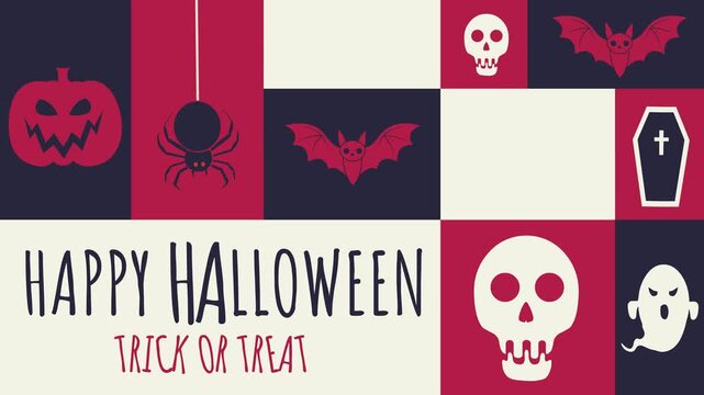 Halloween Collage Grid Animation. A 4K seamless looping animation of a grid collage with pumpkins, skulls, bats, ghosts, and RIP gravestones in dark navy, red, and cream.