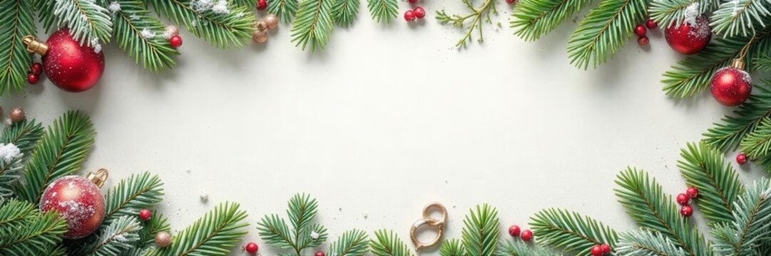 Natural winter greenery frame Snow dusted design on parchment , fir, holiday