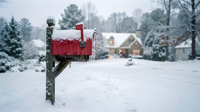 Red mailbox covered in snow on a cold winter day