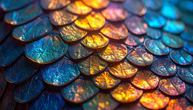 Macro Shot of Iridescent Multicolored Shimmering Scales Texture Pattern