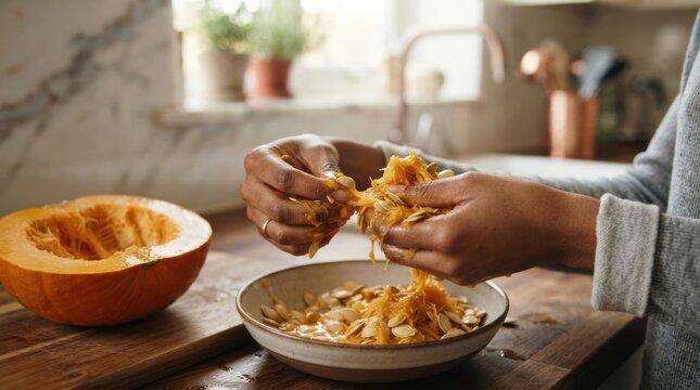 Hands cleaning spaghetti squash seeds and pulp into a bowl for cooking