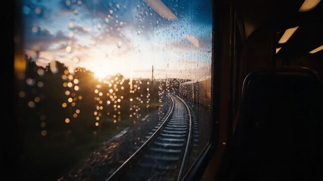 Train tracks journey through evening landscape reflecting sunset light