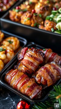 Delicious bacon-wrapped appetizers served on a festive platter during a holiday celebration