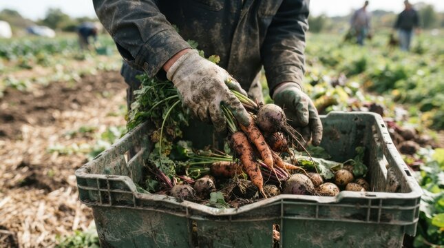 Farmer harvesting fresh carrots and beets from the field into a crate