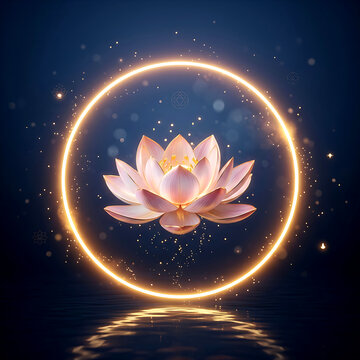 Lotus flower with glowing circular halo digital art with dark blue background