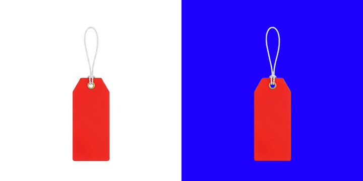 Blank red price tag with a string loop for retail marketing and product labeling hanging against two different solid backgrounds