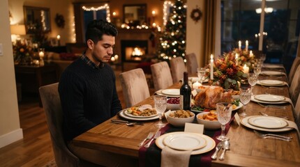 Fototapeta premium Man sitting alone at a festive holiday dinner table set for many