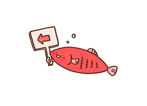 Red herring holding a placard with an arrow pointing the other way, red herring idiom or misleading distraction concept