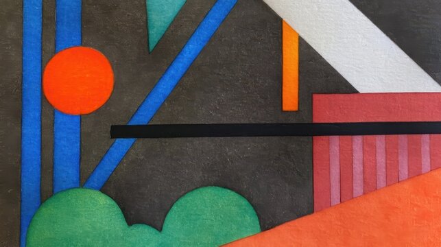 Abstract geometric composition with colorful shapes and textures. Modern minimalist art background with orange circle and blue lines. Contemporary graphic design